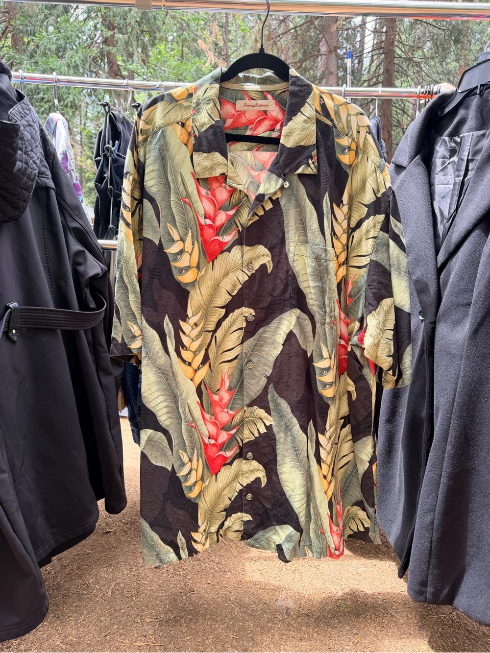 Tommy Bahama Black Hawaiian Shirt with Green Leaves and Red Accents